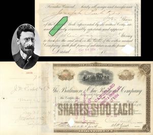 Baltimore and Ohio Railroad Co. Transferred to Joseph Pulitzer - 1894 dated Autographed Stock Certificate