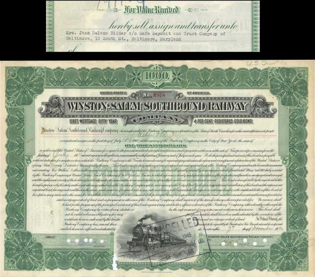 Winston-Salem Southbound Railway Co. Transferred to Mrs. Jane Delano Ridder - 1932 dated $1,000 North Carolina Railroad Gold Bond 