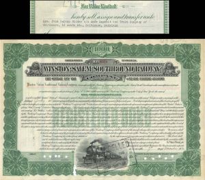 Winston-Salem Southbound Railway Co. Transferred to Mrs. Jane Delano Ridder - 1932 dated $1,000 North Carolina Railroad Gold Bond 