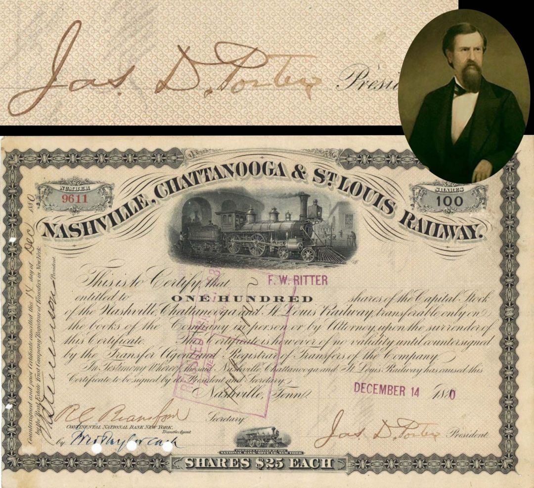 Nashville, Chattanooga and St. Louis Railway signed by Jas. D. Porter - 1880 dated Autographed Stock Certificate