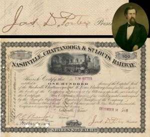 Nashville, Chattanooga and St. Louis Railway signed by Jas. D. Porter - 1880 dated Autographed Stock Certificate