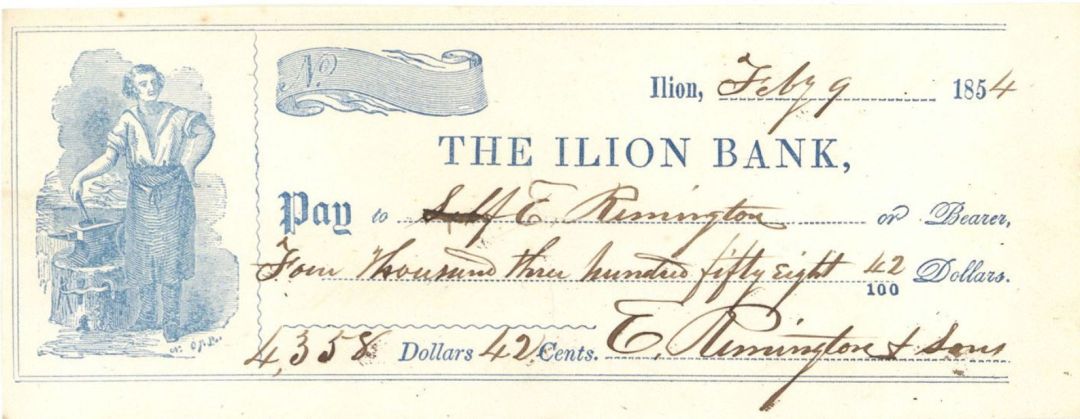 E. Remington (Sr.) Signed Check - 1854 dated Autograph