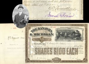 Kanawha and Michigan Railway Co. signed by J.E. Roosevelt - 1891 dated Autographed Stock Certificate
