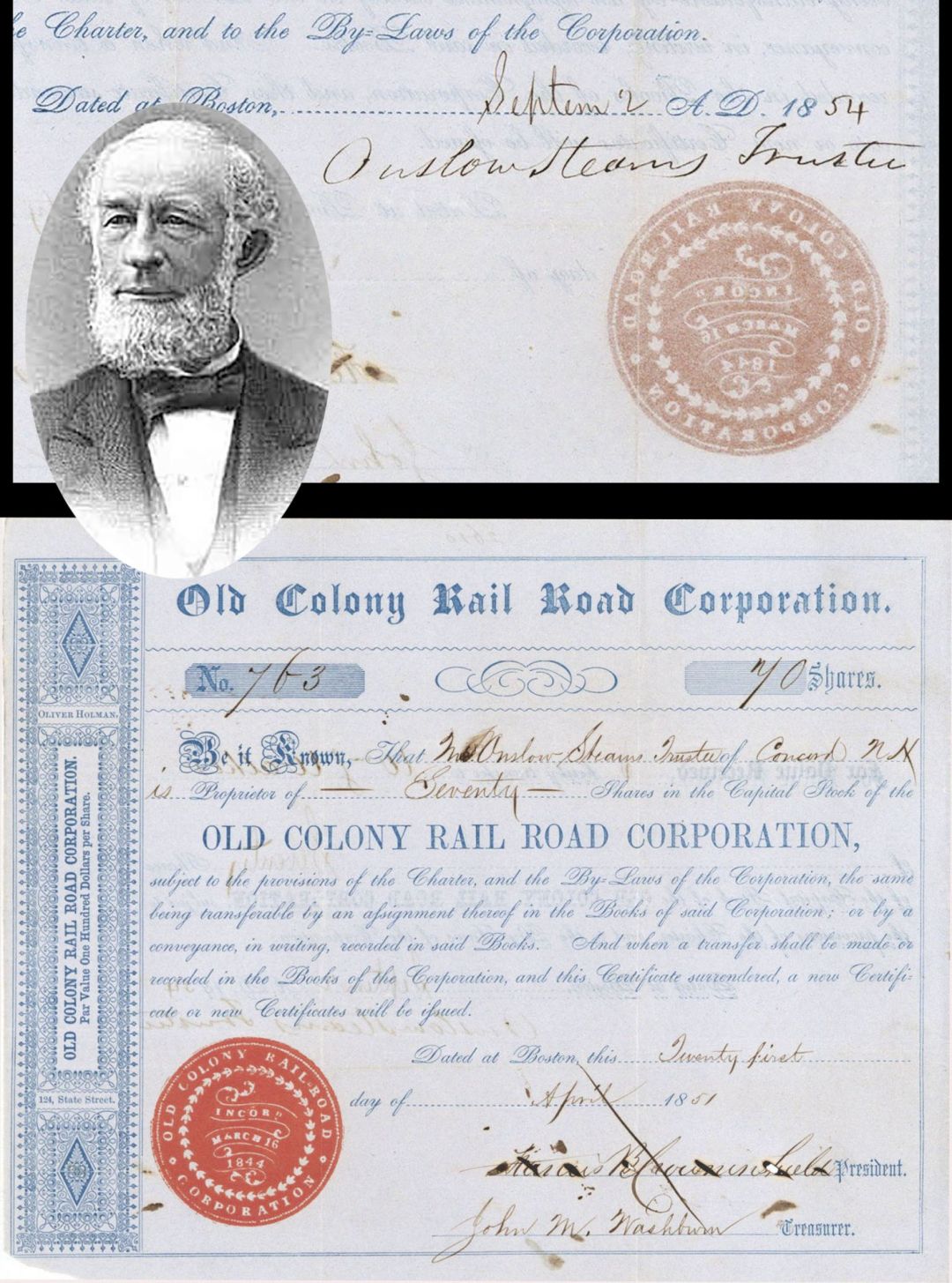 Old Colony Rail Road Corp. signed by Onslow Stearns - 1851 dated Autographed Stock Certificate