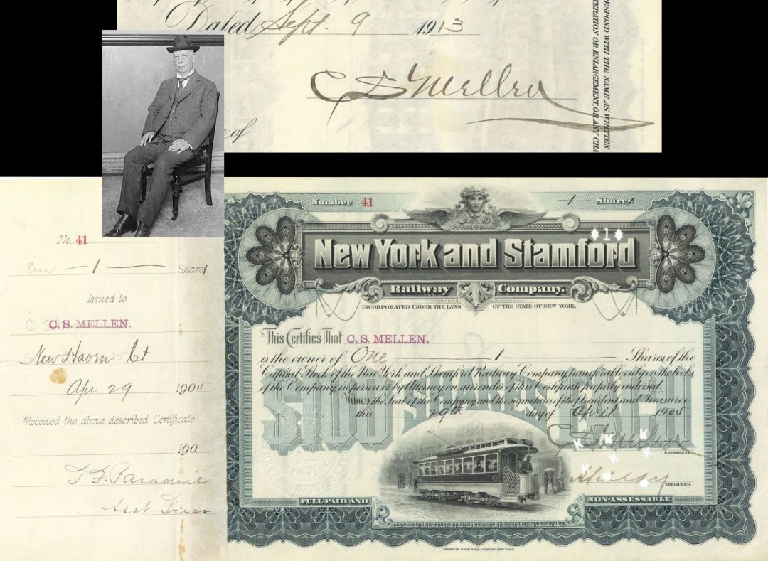 New York and Stamford Railway Co. issued to and signed by C.S. Mellen - Autographed 1905 and 1913 dated Stock Certificate