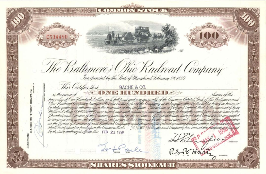 Baltimore and Ohio Railroad Co. issued to Bache and Co. - 1958 dated Stock Certificate