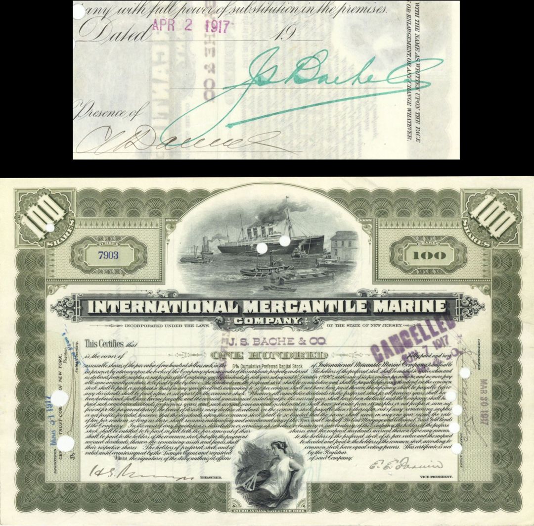 International Mercantile Marine Co. issued to and signed by J.S. Bache and Co. - 1900's dated Stock Certificate