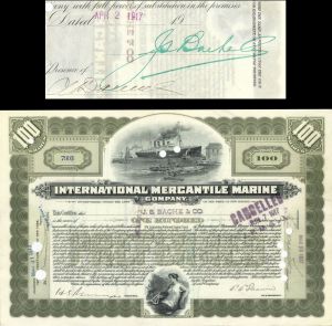 International Mercantile Marine Co. issued to and signed by J.S. Bache and Co. - 1900's dated Stock Certificate