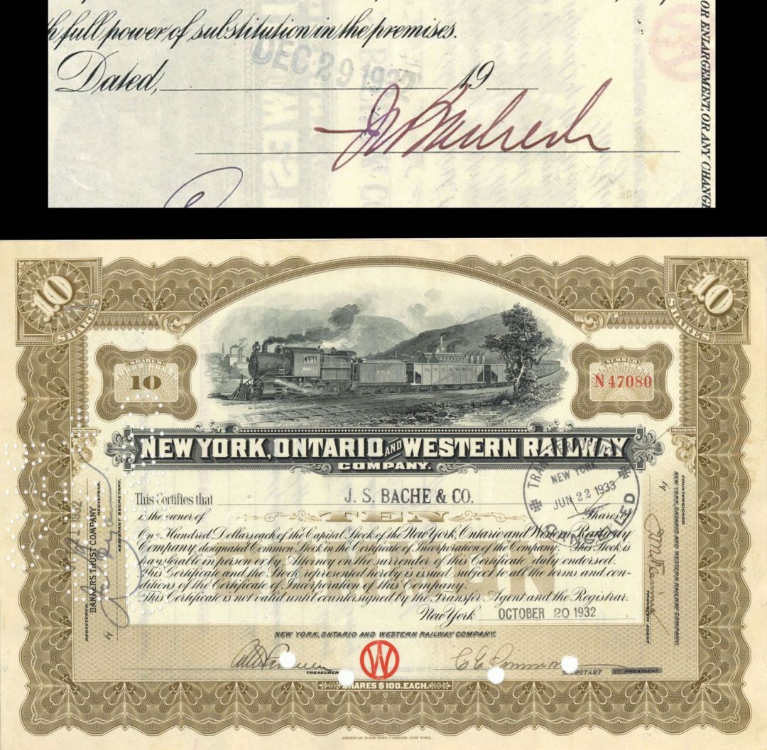 New York, Ontario and Western Railway Co. issued to and signed by J.S. Bache and Co. - 1932 dated Stock Certificate