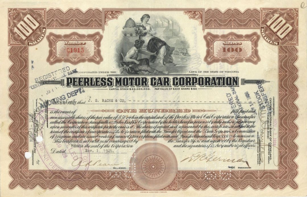 Peerless Motor Car Corp. issued to J. S. Bache and Co. - 1926 or 1927 dated Stock Certificate