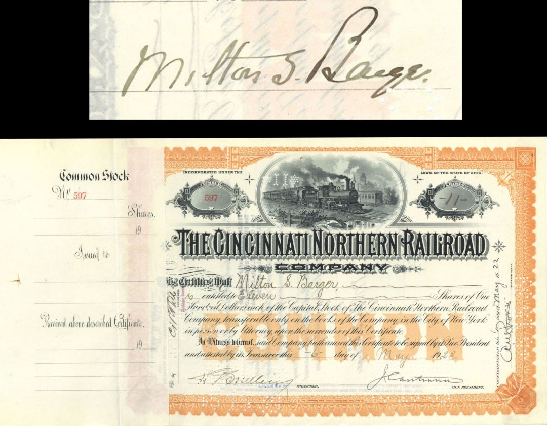 Cincinnati Northern Railroad Co. Issued to and signed by Milton S. Barger  - 1922 dated Autographed Railroad Stock Certificate -
