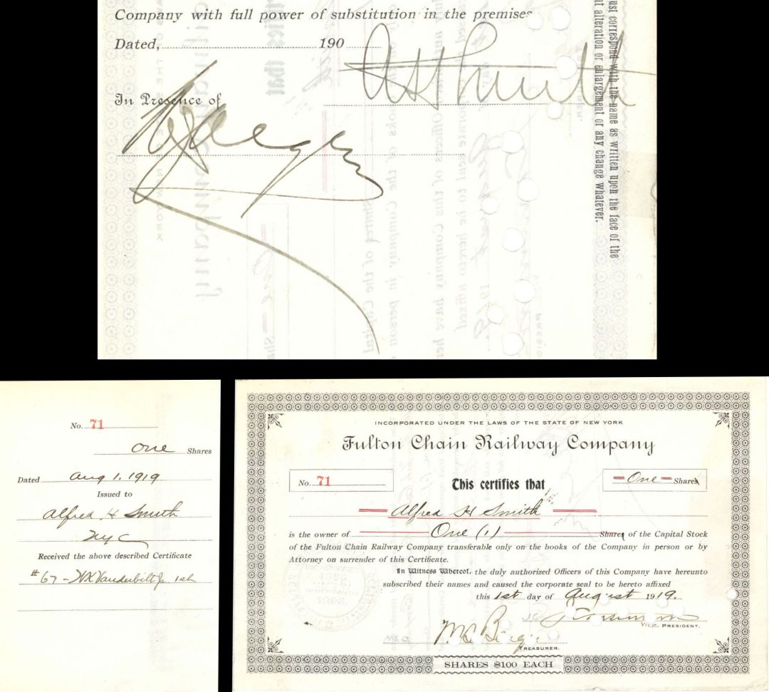 Fulton Chain Railway Co. Issued to and signed by Alfred H. Smith and M.S. Barger - 1919 dated Autographed Stock Certificate