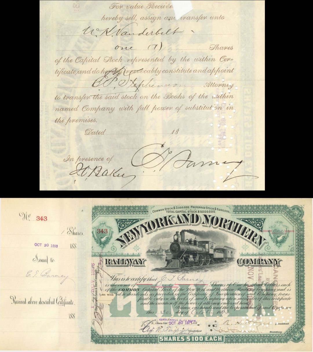 New York and Northern Railway Co. issued to C.T. Barney - 1893 dated Autographed Stock Certificate