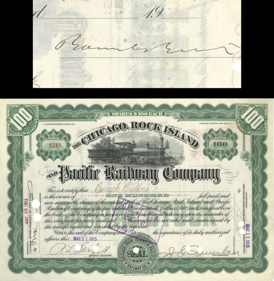Chicago, Rock Island and Pacific Railway Co. issued to Baruch Brothers and signed by Bernard Baruch  - 1915 dated Autographed Stock Certificate
