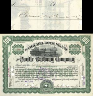 Chicago, Rock Island and Pacific Railway Co. issued to Baruch Brothers and signed by Bernard Baruch  - 1915 dated Autographed Stock Certificate