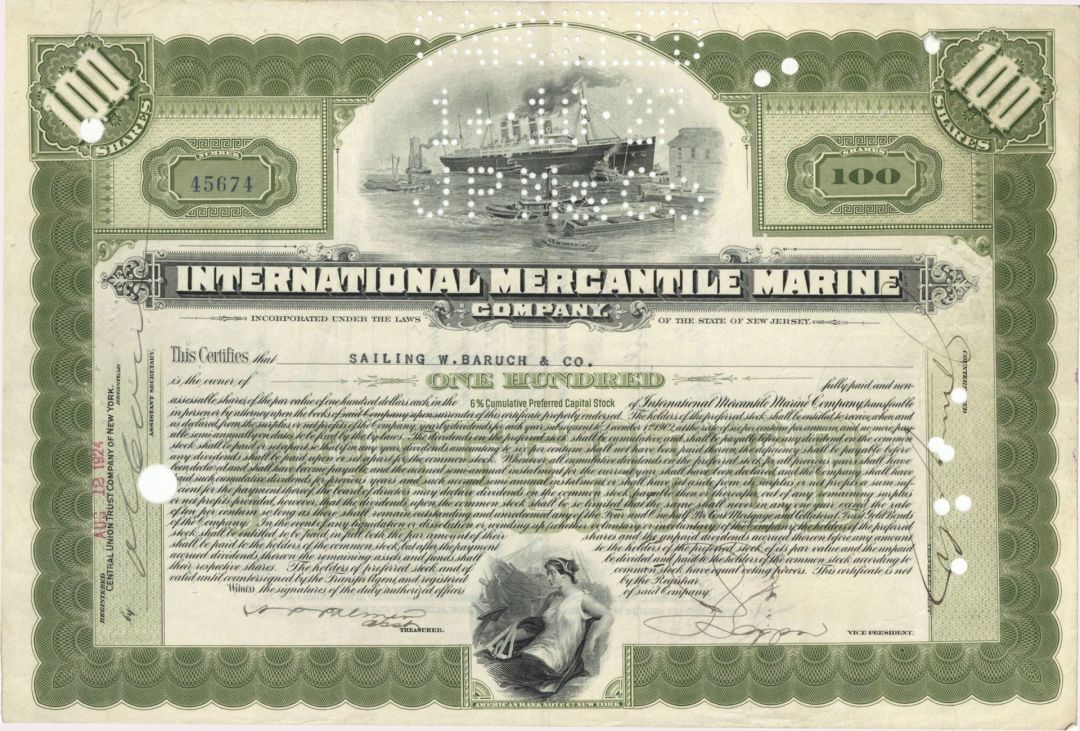 International Mercantile Marine Co. issued to Sailing W. Baruch and Co.  - 1924 dated Autographed Stock Certificate
