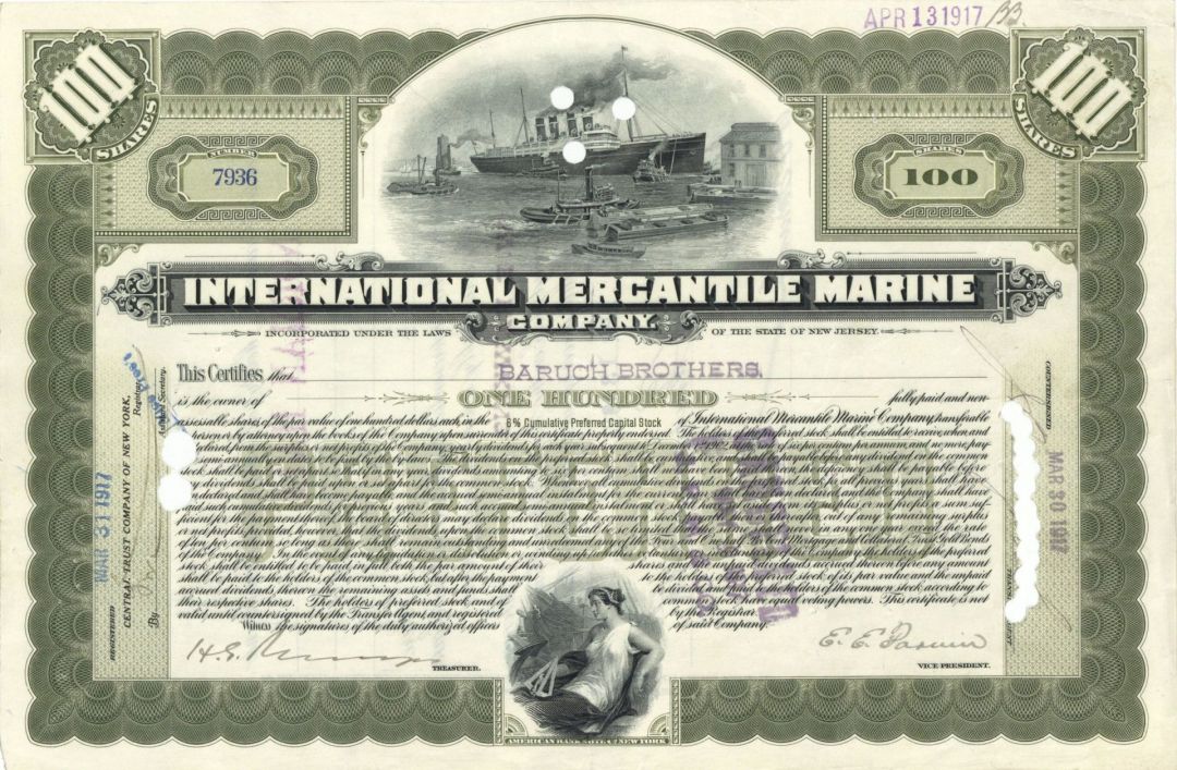 International Mercantile Marine Co. issued to Baruch Brothers  - 1917 dated Autographed Stock Certificate