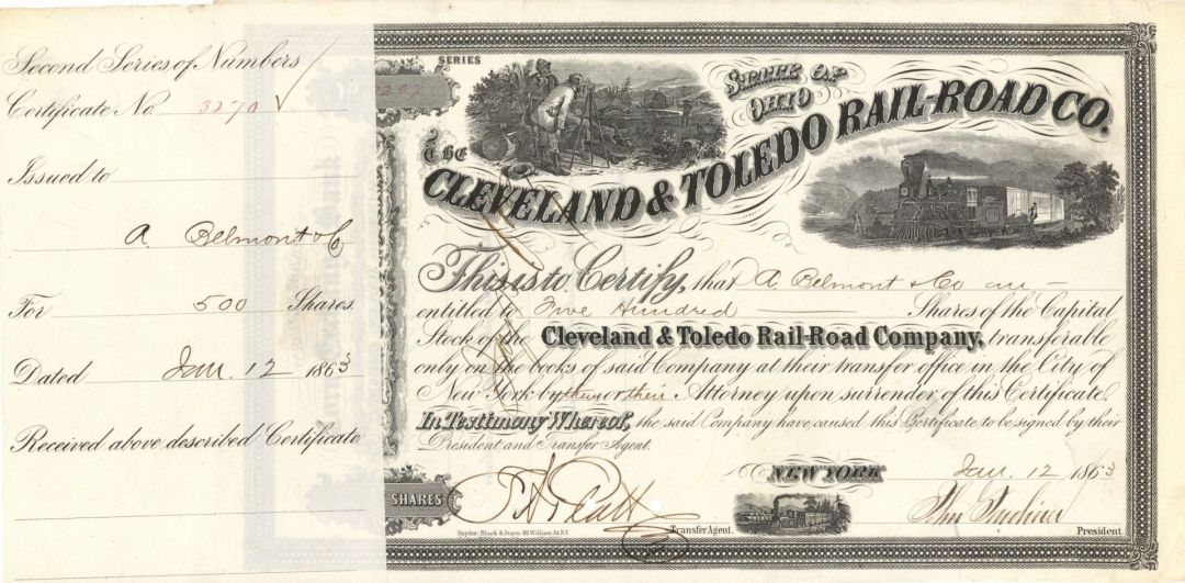  Cleveland and Toledo Rail-Road Co. issued to A. Belmont and Co. - 1863 Autograph Stock Certificate