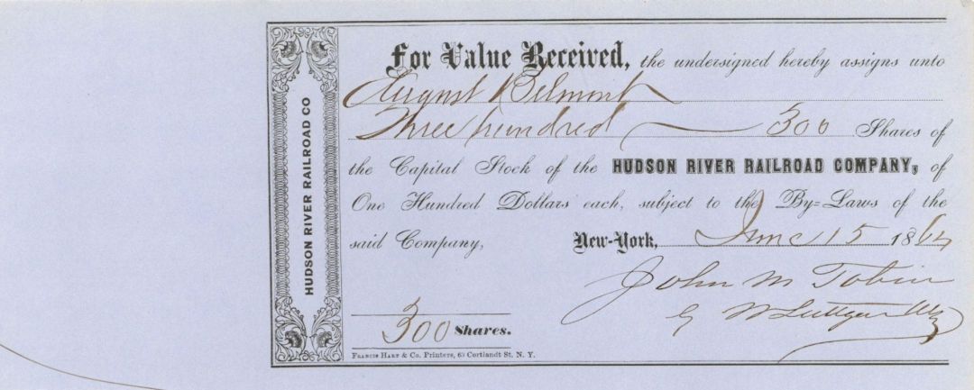  Hudson River Railroad Co. issued to August Belmont - 1864 Autograph Stock Certificate