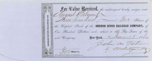  Hudson River Railroad Co. issued to August Belmont - 1864 Autograph Stock Certificate