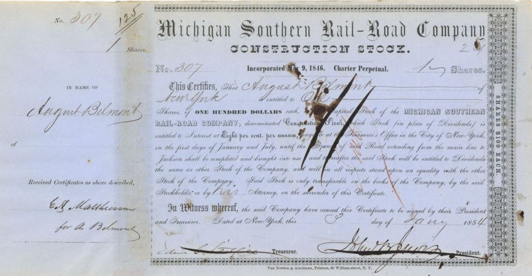  Michigan Southern Rail-Road Co. issued to August Belmont - 1854 Autograph Stock Certificate