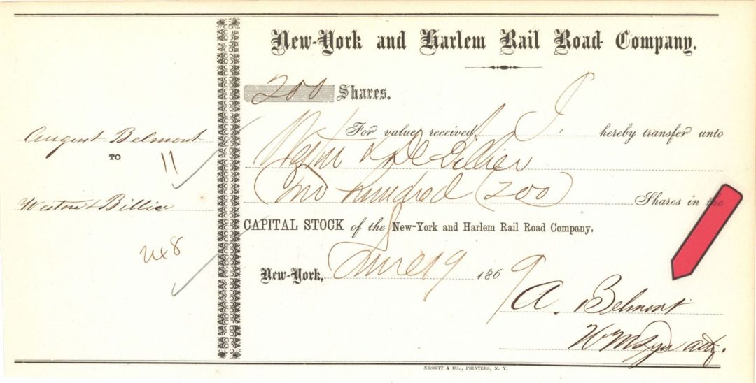  New-York and Harlem Rail Road Co. Signed by A. Belmont - 1869 Autograph Stock Certificate