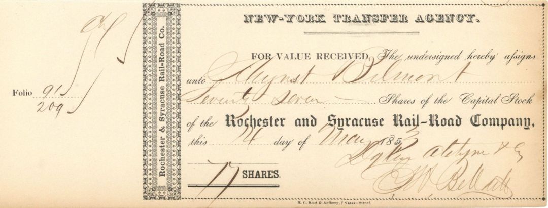  Rochester and Syracuse Rail-Road Co. issued to August Belmont - 1853 Autograph Stock Certificate