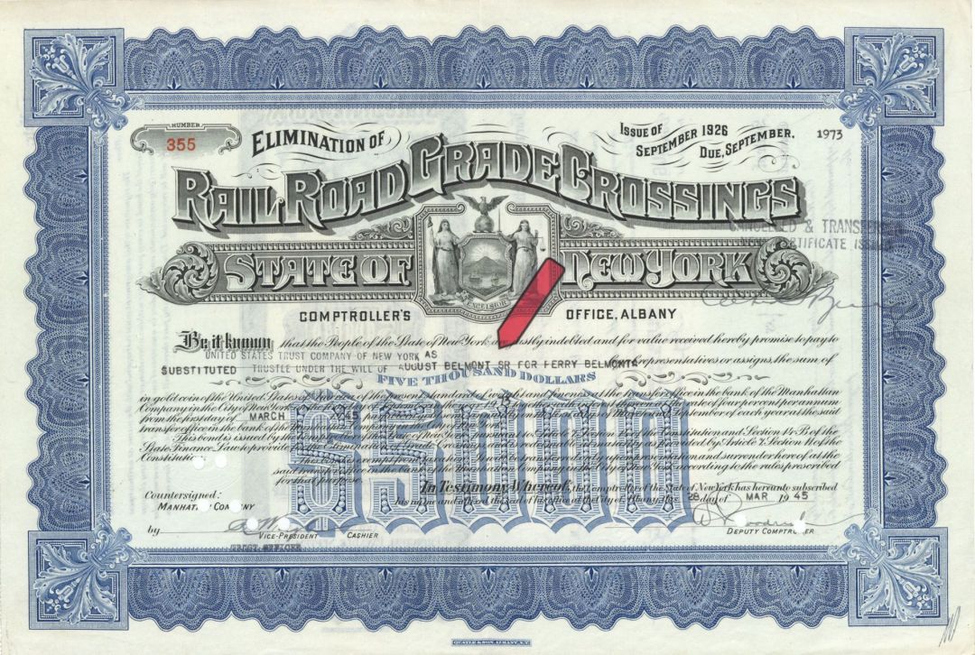  State of New York issued to Will of August Belmont - 1945 Autograph Stock Certificate