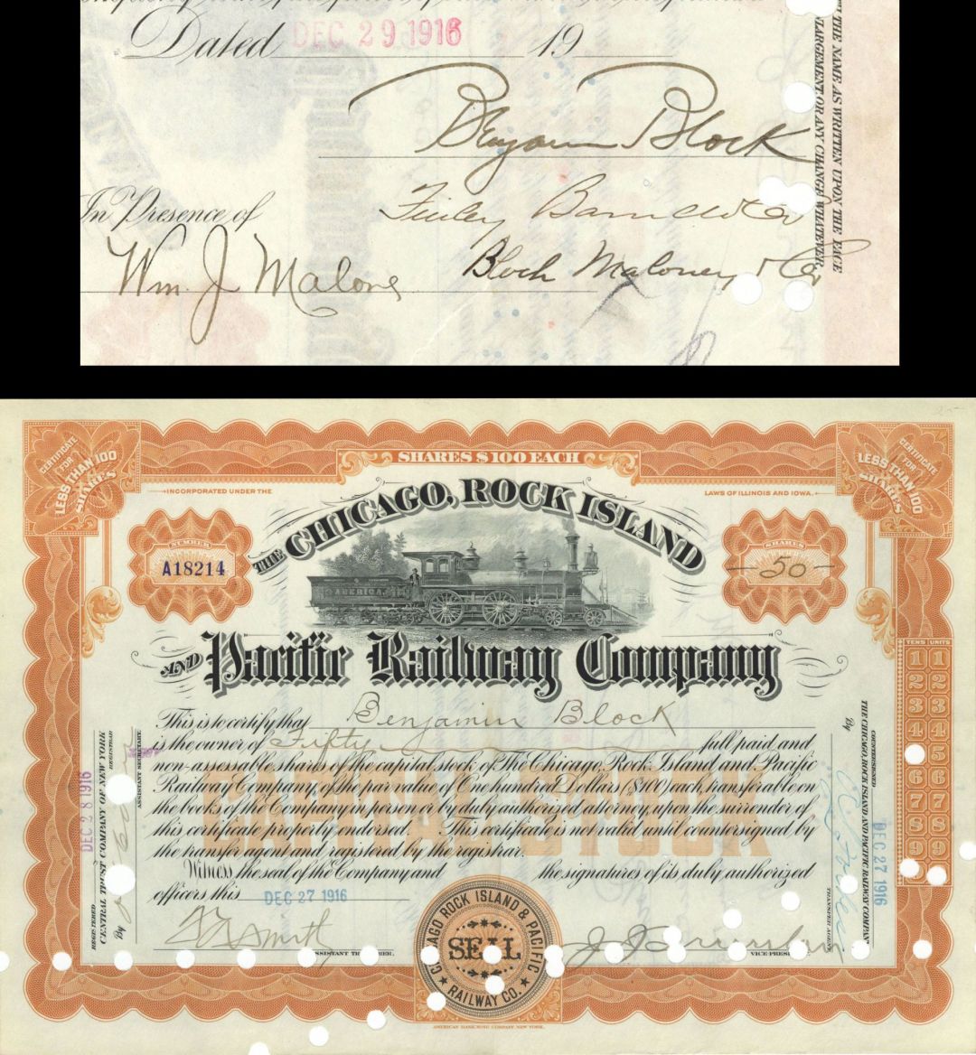 Chicago, Rock Island and Pacific Railway Co. issued to and signed by Benjamin Block - 1916 dated Autographed Stock Certificate