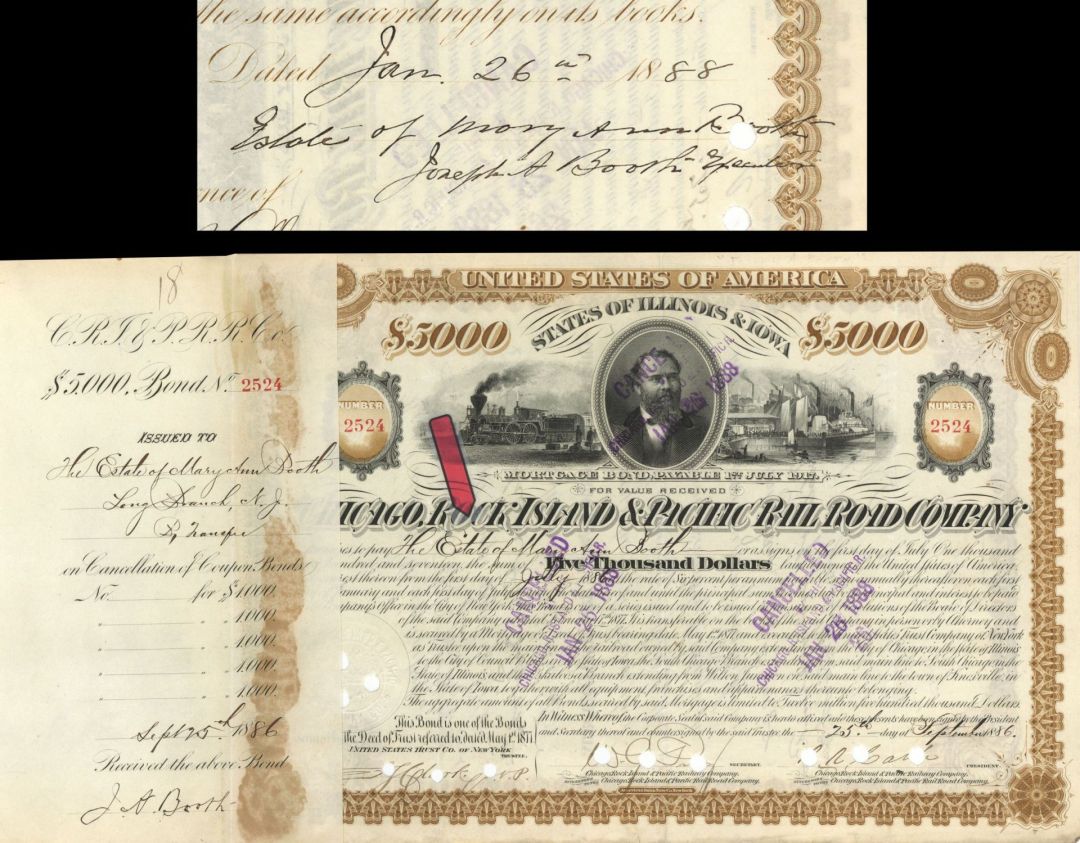 Chicago, Rock Island and Pacific Railroad Co. issued to Estate of Mary Ann Booth and signed by Joseph A. Booth - 1886 dated Autographed Stock Certificate