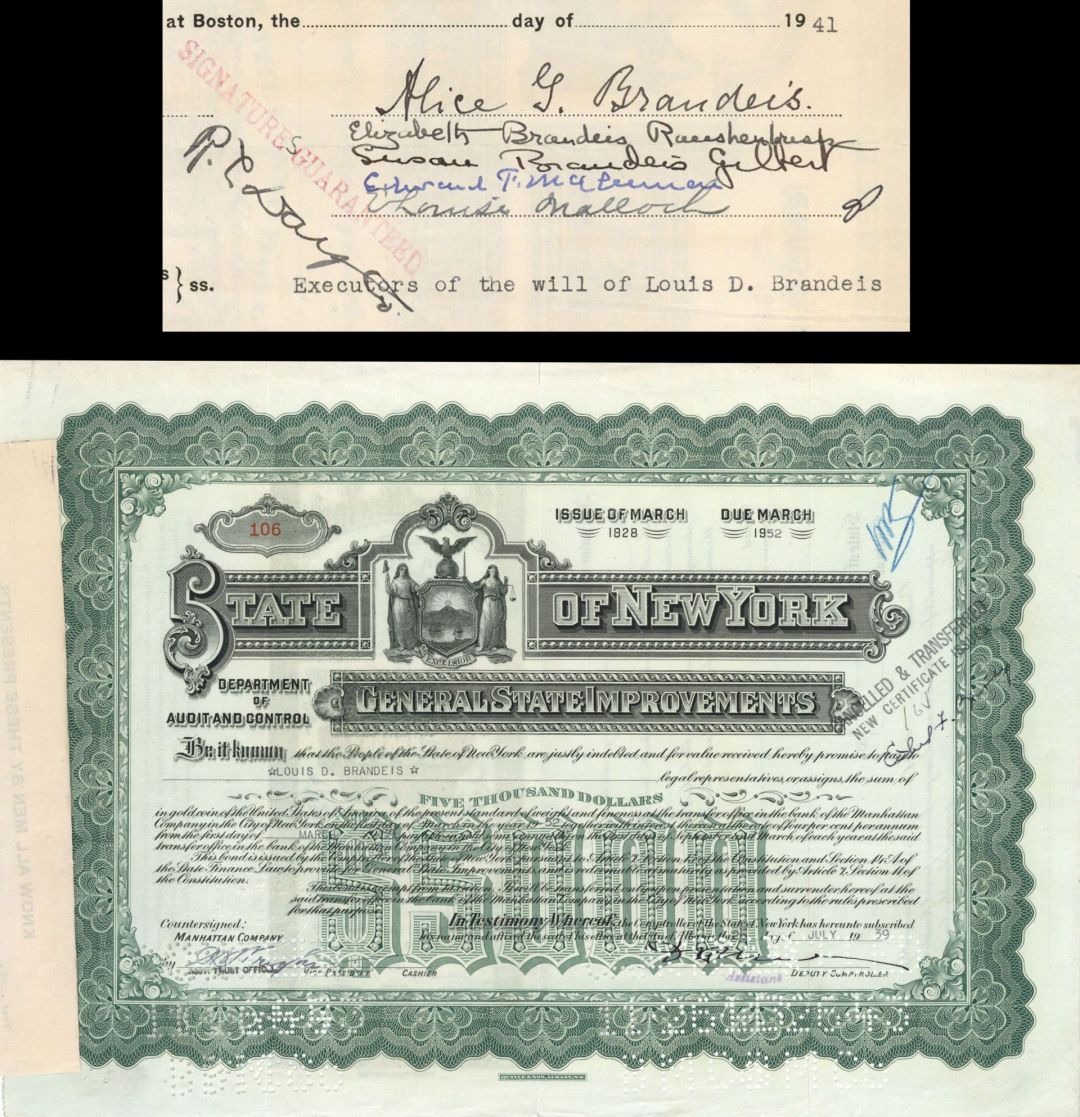 State of New York Issued to Louis D. Brandeis and Signed by Relatives - $5,000 1939 dated Autographed Bond