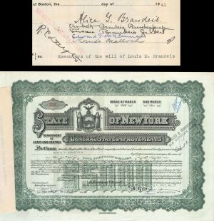 State of New York Issued to Louis D. Brandeis and Signed by Relatives - $5,000 1939 dated Autographed Bond