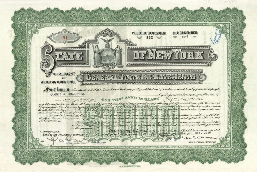 State of New York Issued to Louis D. Brandeis - $1,000 1935 dated Autographed Bond