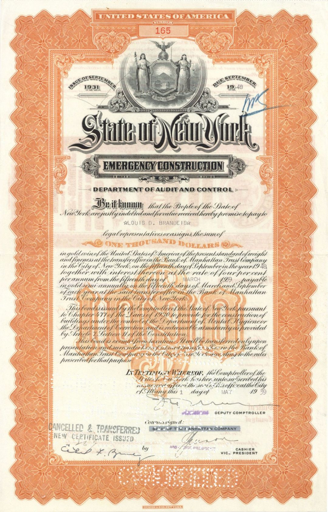 State of New York Issued to Louis D. Brandeis - $1,000 1939 dated Autographed Bond