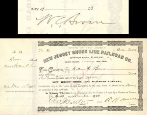 New Jersey Shore Line Railroad Co. issued to and signed by W.C. Brown and E.V.W. Rossiter - 1902 dated Autographed Stock Certificate