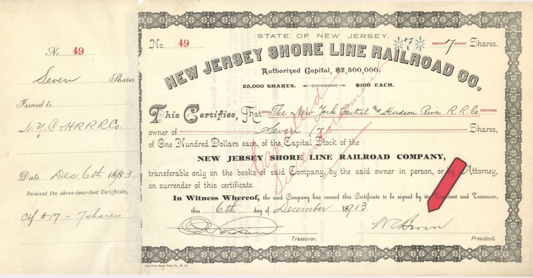 New Jersey Shore Line Railroad Co. Signed by W.C. Brown - 1913 dated Autographed Stock Certificate
