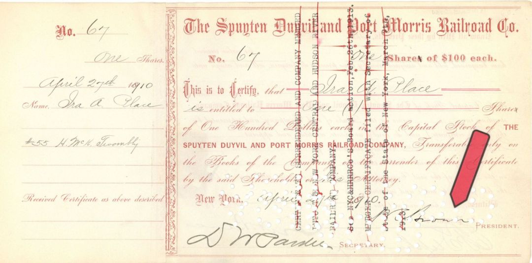 Spuyten Duyvil and Port Morris Railroad Co. Signed by W.C. Brown - 1910 dated Autographed Stock Certificate