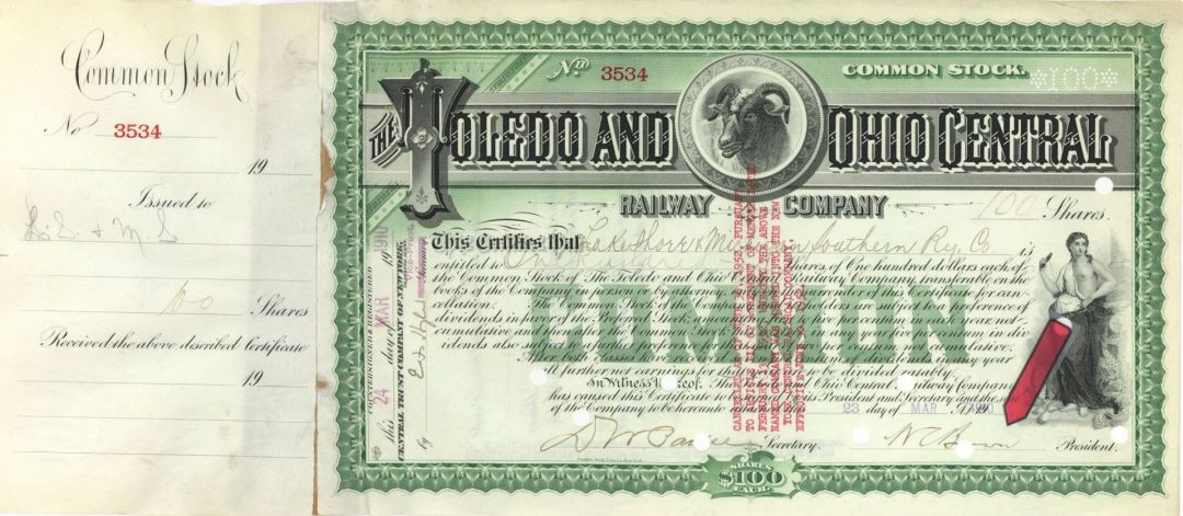 Toledo and Ohio Central Railway Co. Signed by W.C. Brown - 1910 or 1912 dated Autographed Stock Certificate