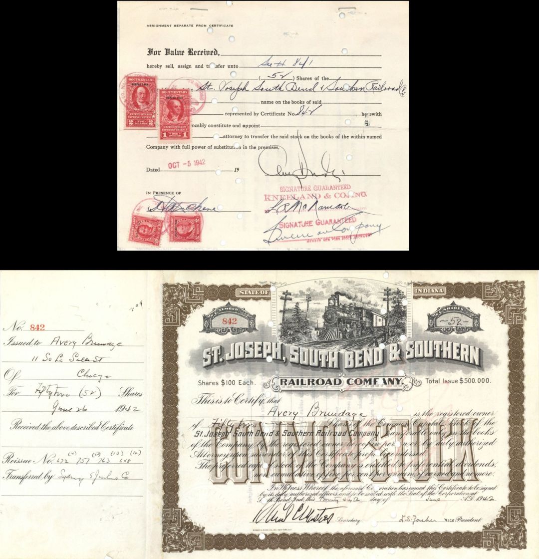St. Joseph, South Bend and Southern Railroad Co. issued to and signed on Transfer by Avery Brundage - 1942 dated Autographed Stock Certificate (Uncanceled)