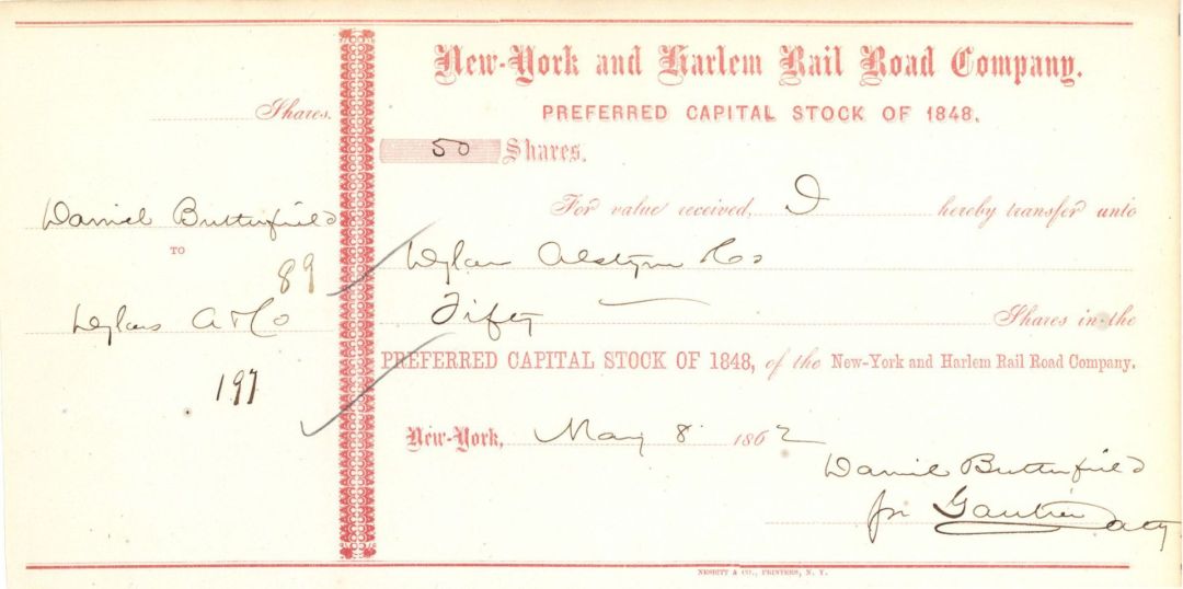 New-York and Harlem Rail Road Co. Signed by Daniel Butterfield - 1862 dated Autographed Stocks and Bonds