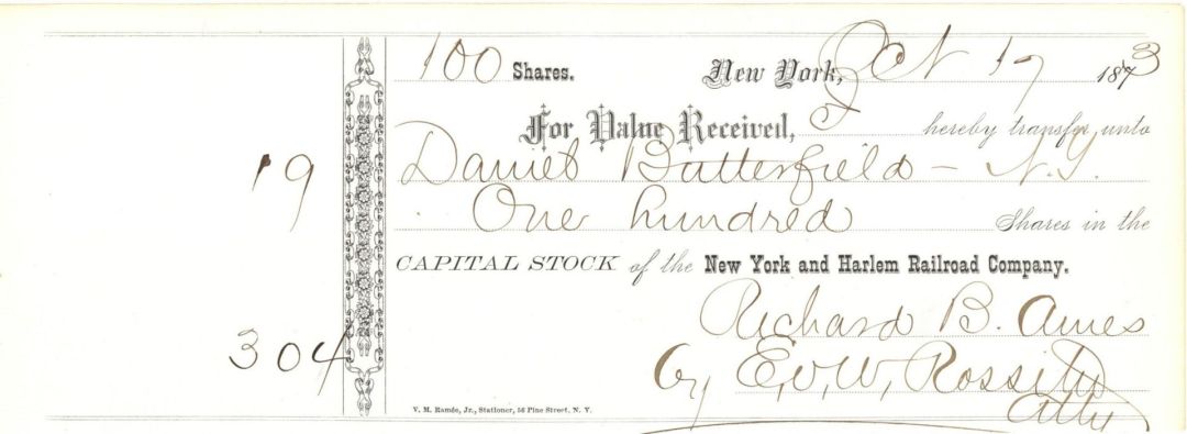 New York and Harlem Rail Road Co. Transferred to Daniel Butterfield and signed by E.V.W. Rossiter - 1873 dated Autographed Stocks and Bonds