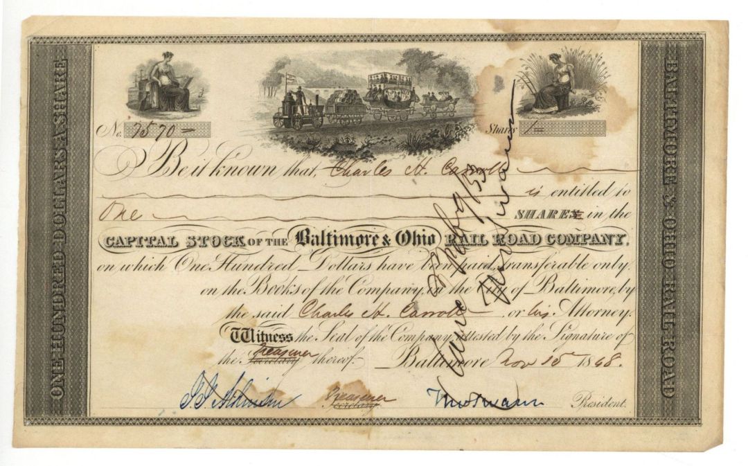 Baltimore and Ohio Rail Road Co. Issued to Charles H. Carroll - 1848 or 1849 dated Autographed Stocks and Bonds