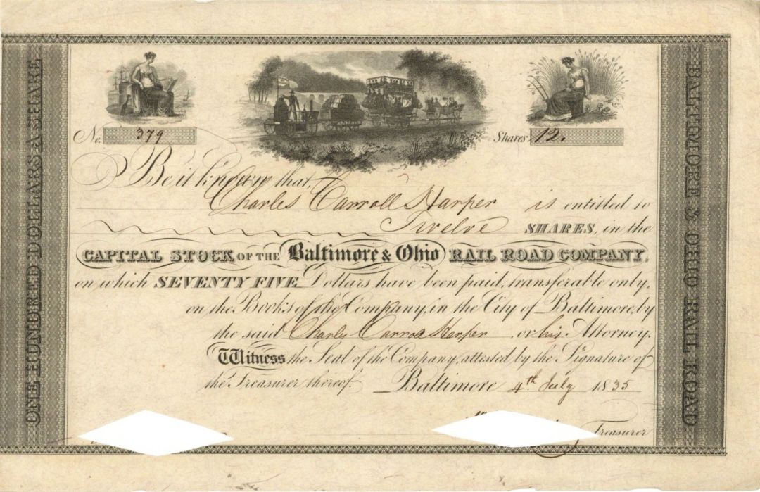 Baltimore and Ohio Rail Road Co. Issued to Charles Carroll Harper - 1835 dated Autographed Stocks and Bonds
