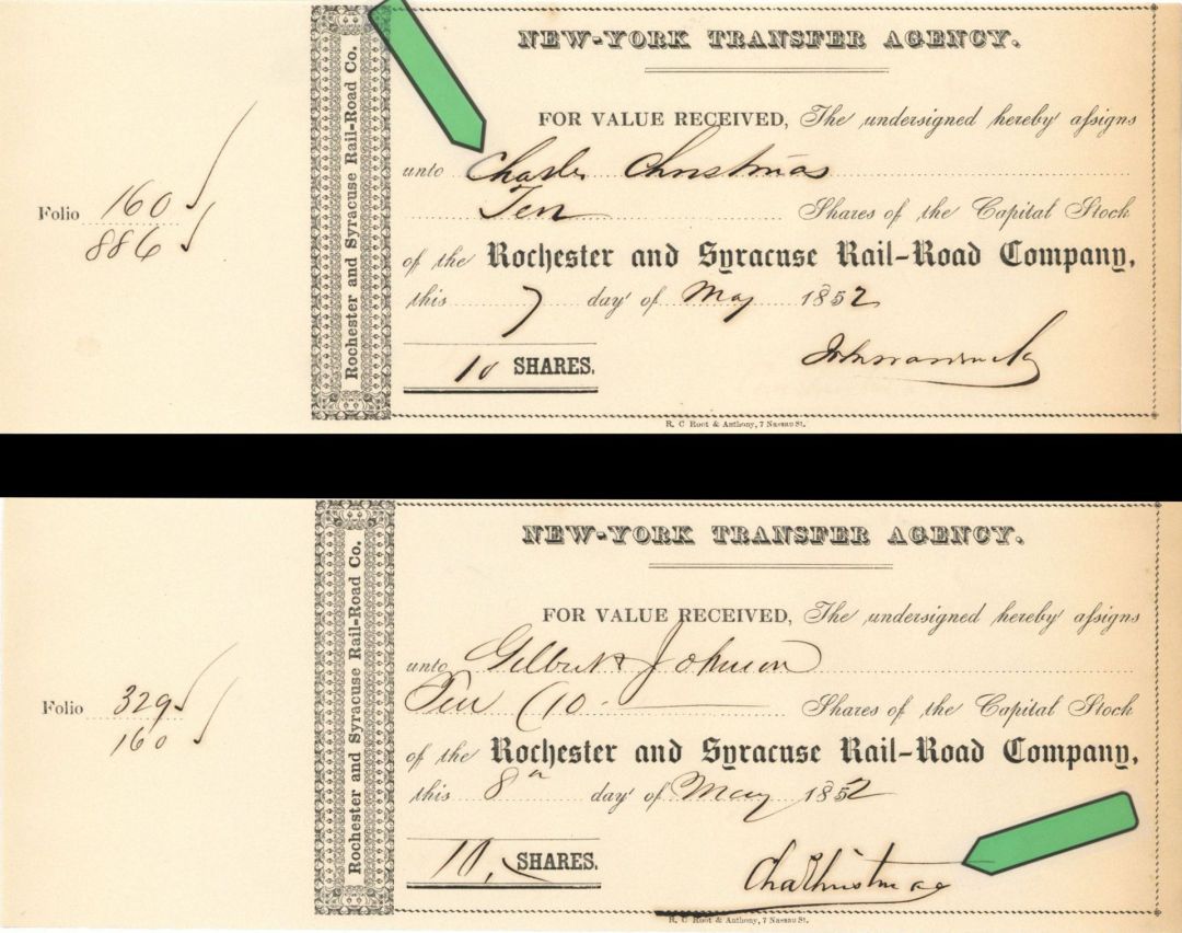 Rochester and Syracuse Rail Road Co. Pair Issued to and Signed by Chas. Christmas - Transfer Stock Receipts dated 1852 or 1853