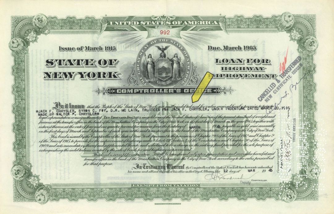 State of New York Bond Issued to Trustees for Jack F. Chrysler - $10,000 1945 dated Autograph Highway Improvement Bond