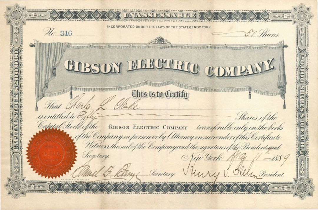 Gibson Electric Co. Lot issued to Charles L. Clarke - 1889 dated Stock Certificate