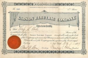 Gibson Electric Co. Lot issued to Charles L. Clarke - 1889 dated Stock Certificate