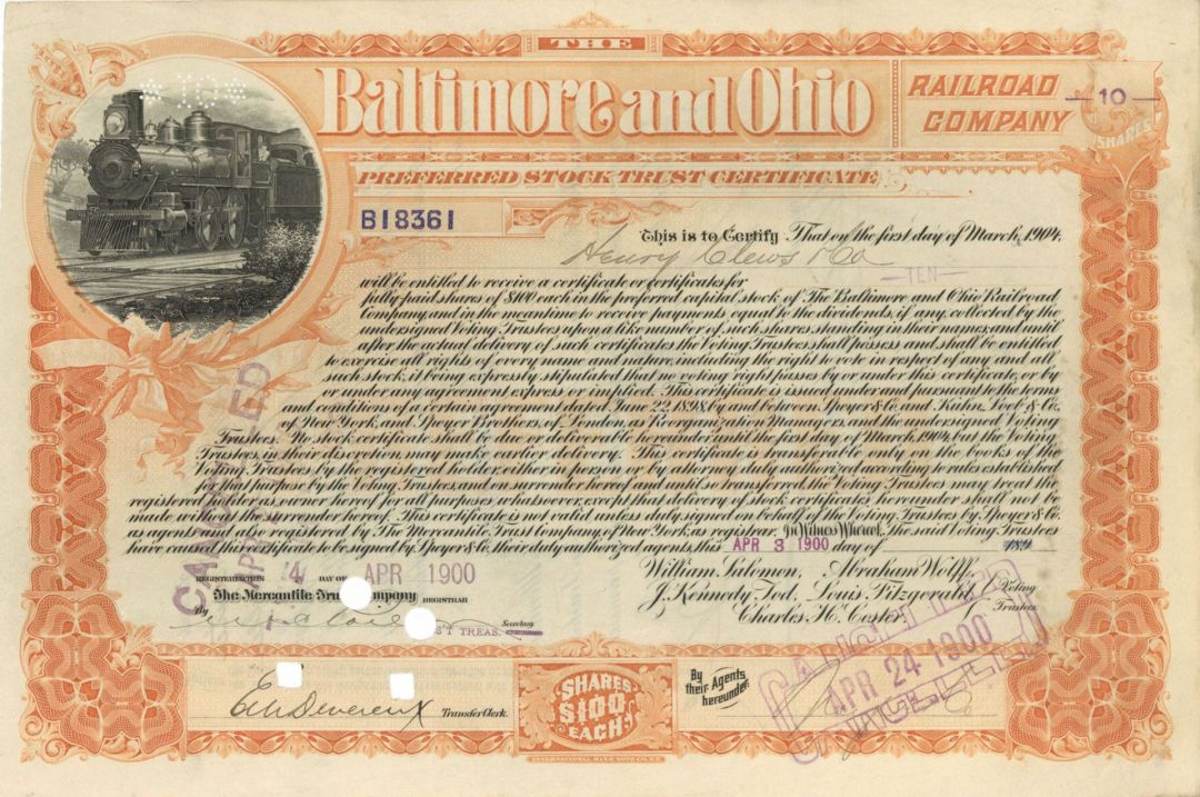 Baltimore and Ohio Railroad Co. Issued to Henry Clews and Co. - 1900 dated Authogragh Railway Bond