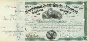 Burlington, Cedar Rapids and Northern Railway Co. of Iowa Issued to Henry Clews and Co. - 1878 or 1880 dated Authogragh Railway Bond