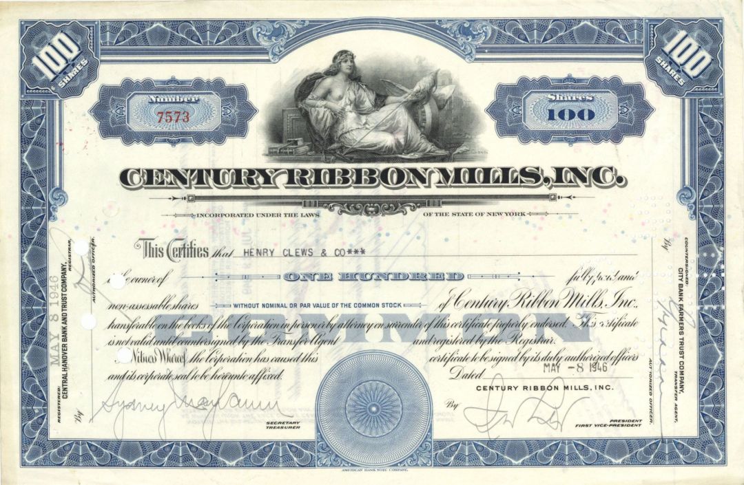Century Ribbon Mills, Inc. Issued to Henry Clews and Co. - 1946 or 1948 dated Authogragh Railway Bond